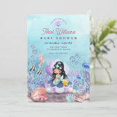 Zeemeermin onder het zeeen baby shower kaart (Staand voorkant)