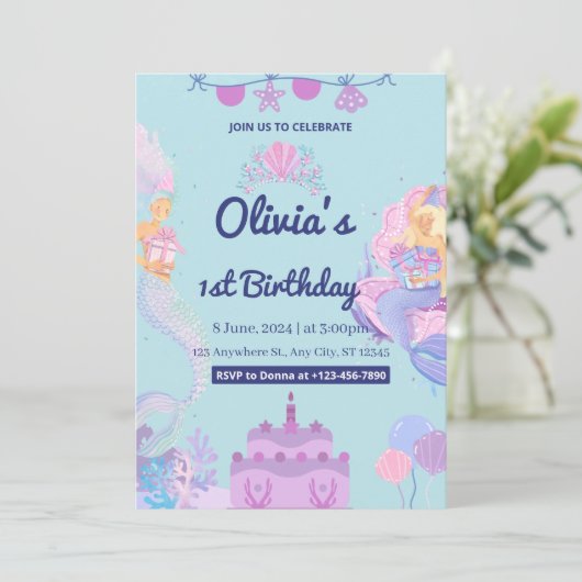 Zeemeermin onder Zee 1e verjaardagsuitnodiging Kaart (Staand voorkant)