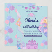 Zeemeermin onder Zee 1e verjaardagsuitnodiging Kaart (Voorkant / Achterkant)