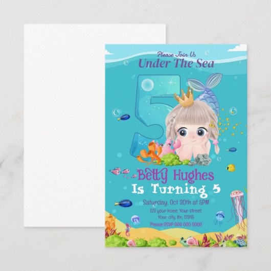 Zeemeermin onder Zee 5e verjaardag uitnodiging (Voorkant / Achterkant)