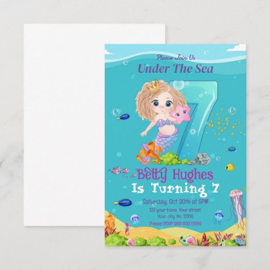 Zeemeermin onder Zee 7e verjaardag uitnodiging (Voorkant / Achterkant)
