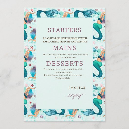 Zeemeermin onder Zee Birthday Party Menu (Voorkant)