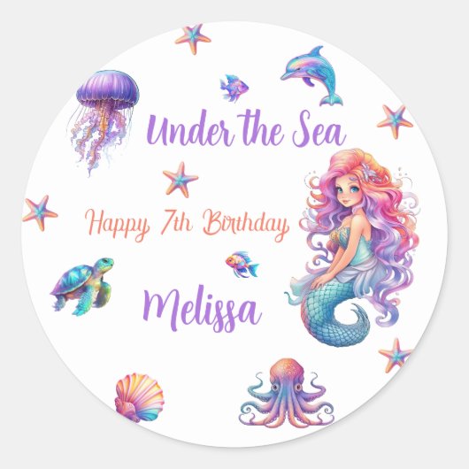 Zeemeermin onder Zee Birthday Party Ronde Sticker (Voorkant)