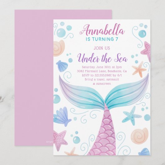 Zeemeermin onder Zee Girl Waterverf Birthday Kaart (Voorkant / Achterkant)