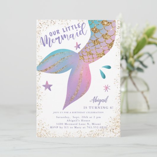 Zeemeermin onder Zee Gold Glitter Birthday Party Kaart (Staand voorkant)