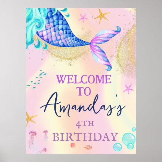 Zeemeermin onder Zee Gold Glitter Birthday Party Poster (Voorkant)