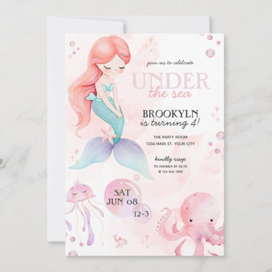 Zeemeermin Onder Zee Meisjes Verjaardagsfeestje Kaart (Voorkant)