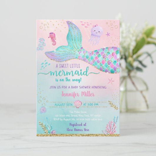 Zeemeermin onder Zee roze goudBaby shower Kaart (Staand voorkant)