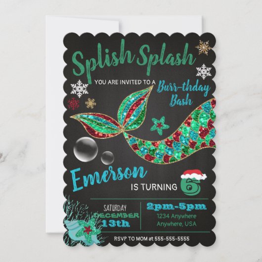 Zeemeermin onder zee, winter, Kerst uitnodiging (Voorkant)