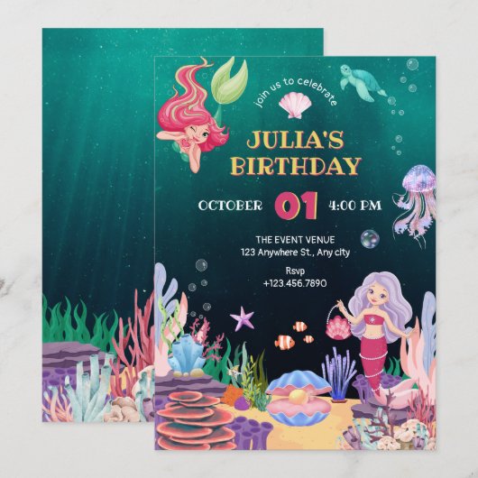 Zeemeermin onderwater flora en fauna verjaardag kaart (Voorkant / Achterkant)