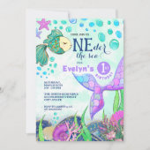 Zeemeermin ONEder het Zee 1e Verjaardag Uitnodigin Kaart (Voorkant)