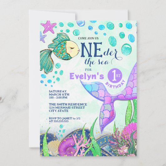 Zeemeermin ONEder het Zee 1e Verjaardag Uitnodigin Kaart (Voorkant)