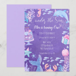Zeemeermin Oneder het Zee 1e Verjaardagsuitnodigin Kaart