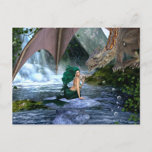 Zeemeermin ontmoet Dragon Fantasy Waterval Briefkaart (Voorkant)