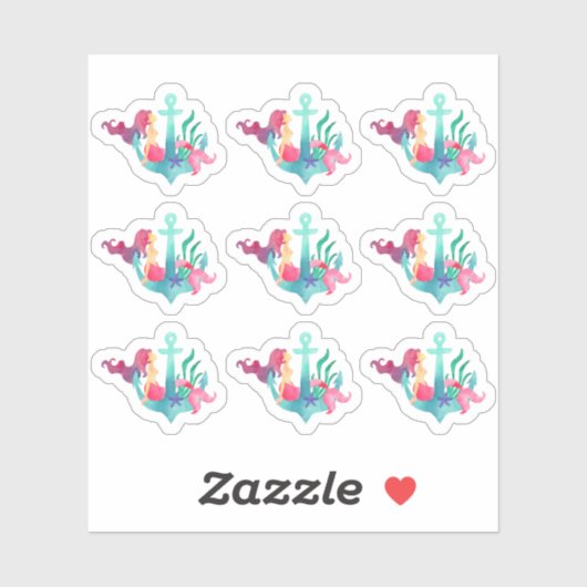 Zeemeermin op Anchor Nautical Waterverf Beach Girl Sticker (Vel)