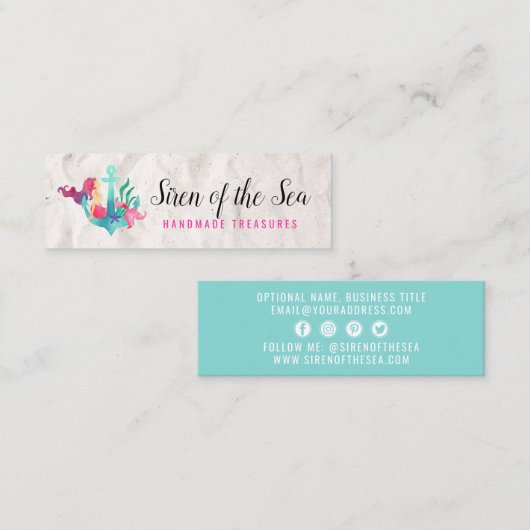 Zeemeermin op Anchor Nautical Waterverf Social Med Mini Visitekaartje (Voorkant / Achterkant)