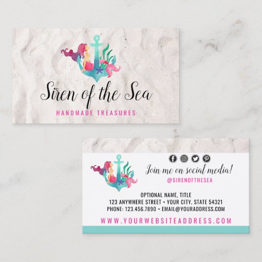 Zeemeermin op Anchor Nautical Waterverf Social Med Visitekaartje (Voorkant / Achterkant)