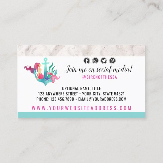 Zeemeermin op Anchor Nautical Waterverf Social Med Visitekaartje (Achterkant)