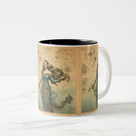 Zeemeermin op de  kaart: Nautical Fantasy Tweekleurige Koffiemok (Voorkant rechts)