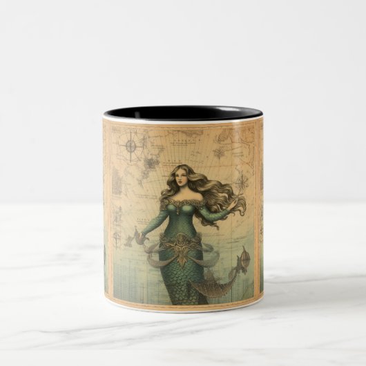 Zeemeermin op de  kaart: Nautical Fantasy Tweekleurige Koffiemok (Center)