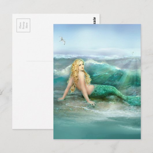 Zeemeermin op de kust met Aqua Waves en Seagulls Briefkaart (Voorkant / Achterkant)