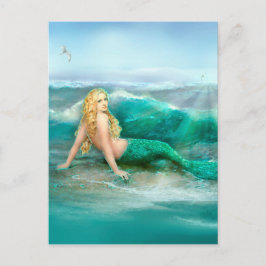 Zeemeermin op de kust met Aqua Waves en Seagulls Briefkaart
