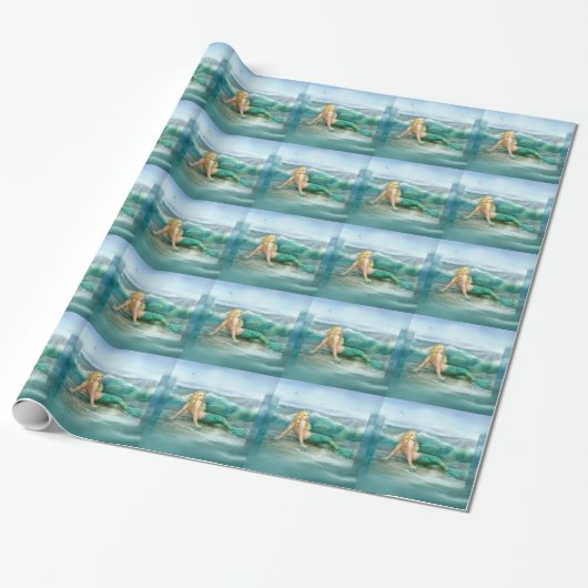 Zeemeermin op de kust met Aqua Waves en Seagulls Cadeaupapier (Uitgerold)