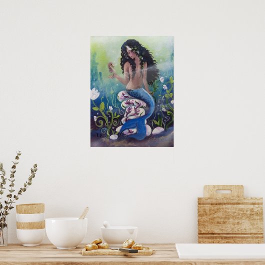 Zeemeermin op de rotsen met zeepaardje poster (Keuken)