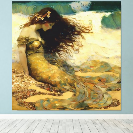 Zeemeermin op Golden Sands Canvas Afdruk (Insitu (Houten vloer))