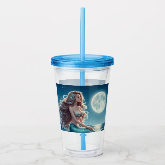Zeemeermin op het strand 's nachts acryl drinkbeker (Voorkant)