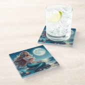 Zeemeermin op het strand 's nachts glazen onderzetter (Schuin)
