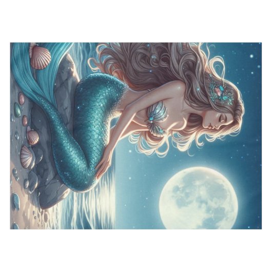 Zeemeermin op het strand 's nachts tafelkleed (Voorkant (Horizontaal))