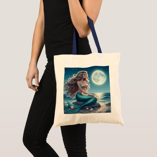 Zeemeermin op het strand 's nachts tote bag (Voorkant (product))