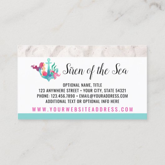 Zeemeermin op het strand van Anchor Nautical Water Visitekaartje (Achterkant)