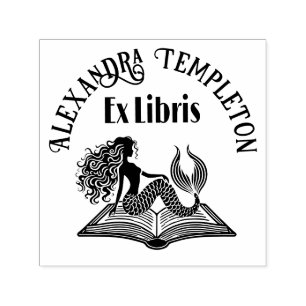 Zeemeermin op open boek met Ex Libris naam Zelfinktende Stempel