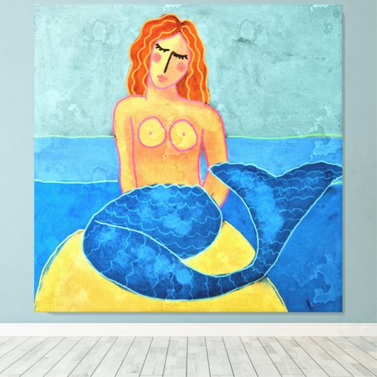 Zeemeermin op Rock Abstract Digitaal Schilderen Canvas Afdruk (Insitu (Houten vloer))