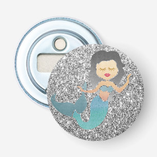 Zeemeermin op zilveren glitters button flesopener