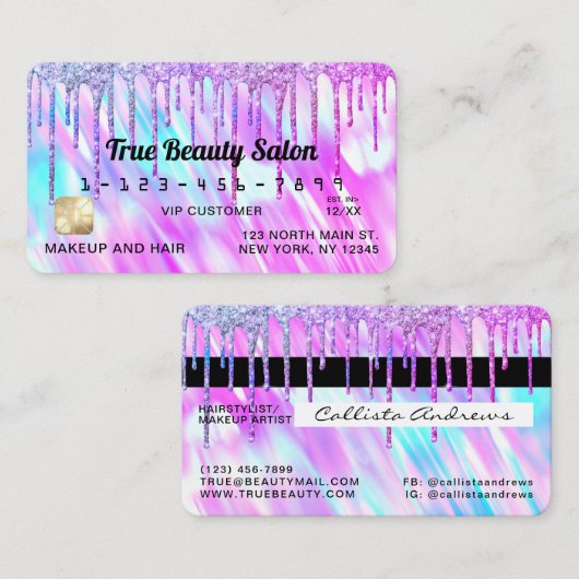 Zeemeermin Paarse Holografische Glitter Druppelt C Visitekaartje (Voorkant / Achterkant)