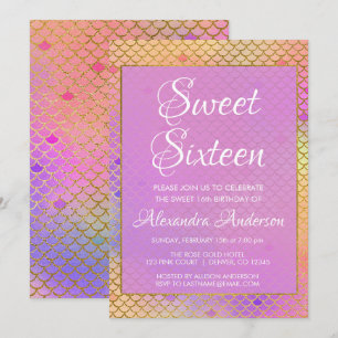 Zeemeermin Paarse, roze en geel Sweet 16 Verjaarda Kaart