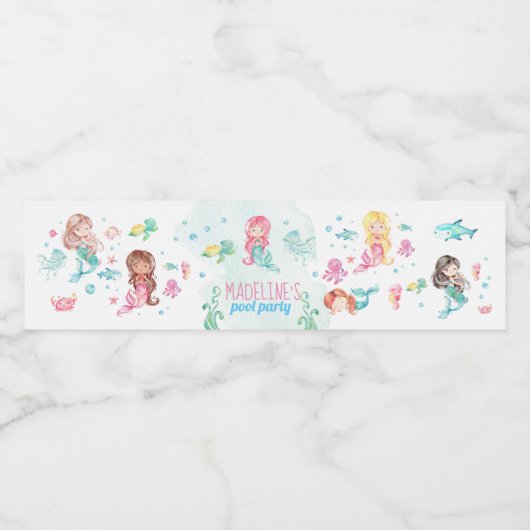 Zeemeermin party label, zeemeermin waterfles etiket (Enkel label)