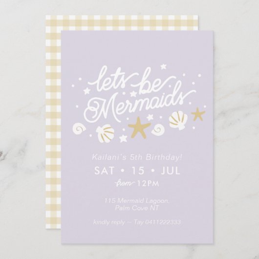 Zeemeermin Party Lila & Gingham Meisjes Verjaardag Kaart (Voorkant / Achterkant)