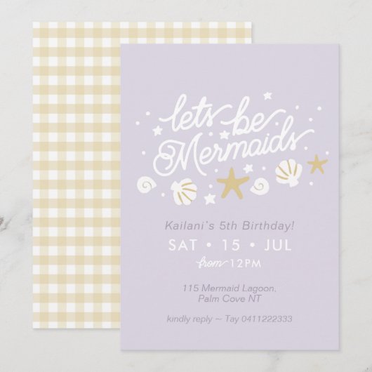 Zeemeermin Party Lila & Gingham Meisjes Verjaardag Kaart (Voorkant / Achterkant)