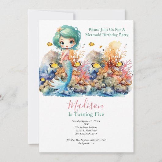 Zeemeermin Party Trendy Populaire Kleine Meisjes V Kaart (Voorkant)