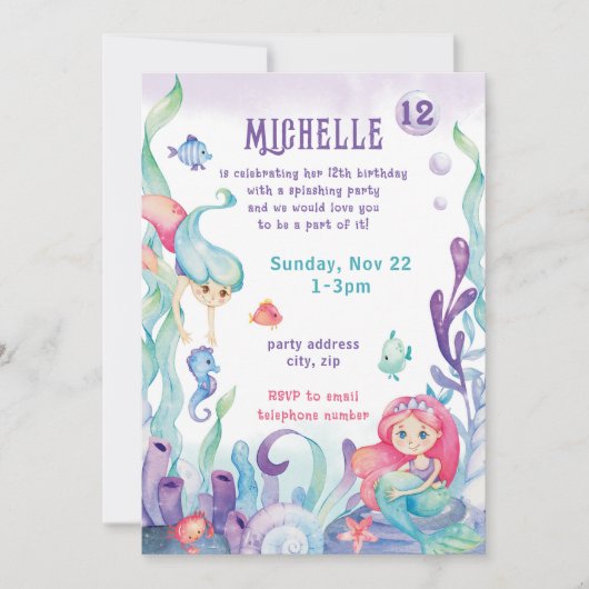 Zeemeermin Pastel Waterverf Verjaardagsuitnodiging Kaart (Voorkant)
