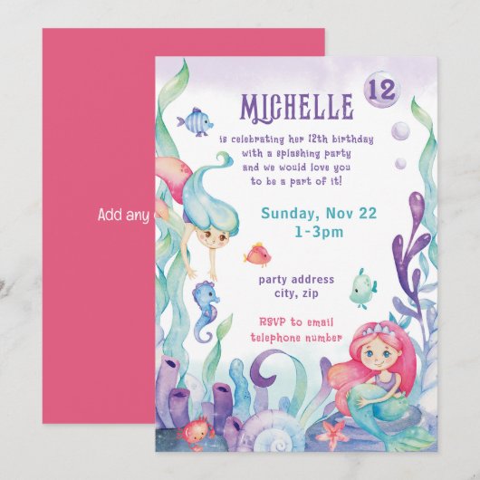 Zeemeermin Pastel Waterverf Verjaardagsuitnodiging Kaart (Voorkant / Achterkant)