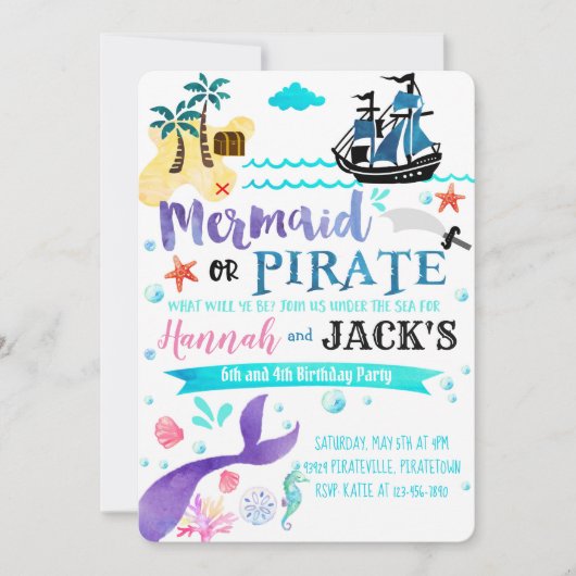 Zeemeermin Piraat Verjaardag Uitnodiging Partij Du (Voorkant)