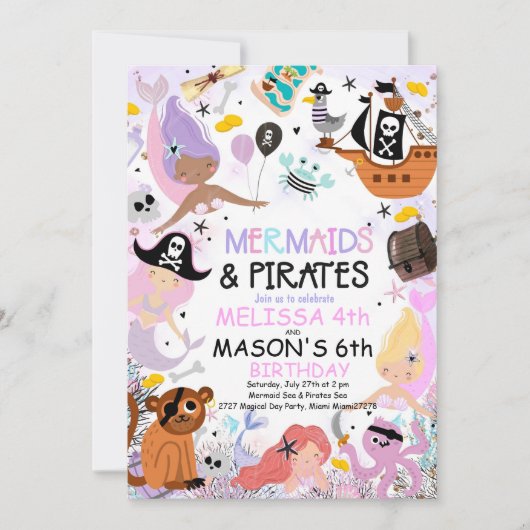 Zeemeermin & Piraten Verjaardagsfeestuitnodiging O Kaart (Voorkant)