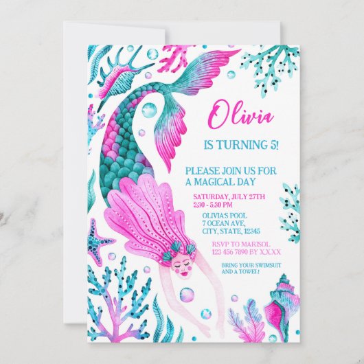 Zeemeermin Pool Party Meisje Verjaardagsfeest Kaart (Voorkant)