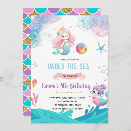 Zeemeermin pool party uitnodiging (Voorkant / Achterkant)