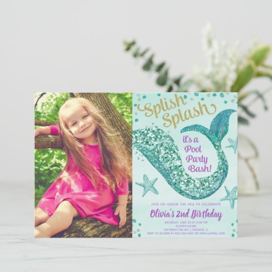 Zeemeermin poolfeest verjaardag blauwgroen gouden  kaart (Staand voorkant)